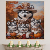Autumn Charm: Siberian Husky Mom and Her Three Puppies in Victorian Elegance on Ready to Hang 1.5" Thick Canvas Wrap, Floating Framed Canvas, Flat Rolled Canvas